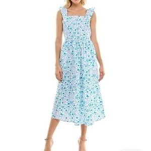 Draper James Cottagecore Smocked Floral Midi Dress Size M Blue‎ Country Feminine